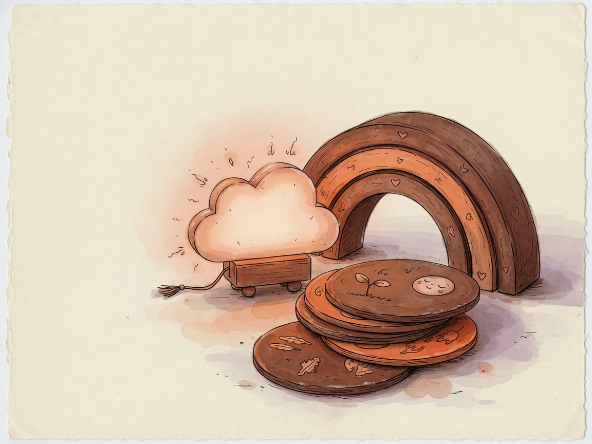 Illustrated personalized baby gifts: a glowing cloud light, a wooden arch, and a stack of discs
