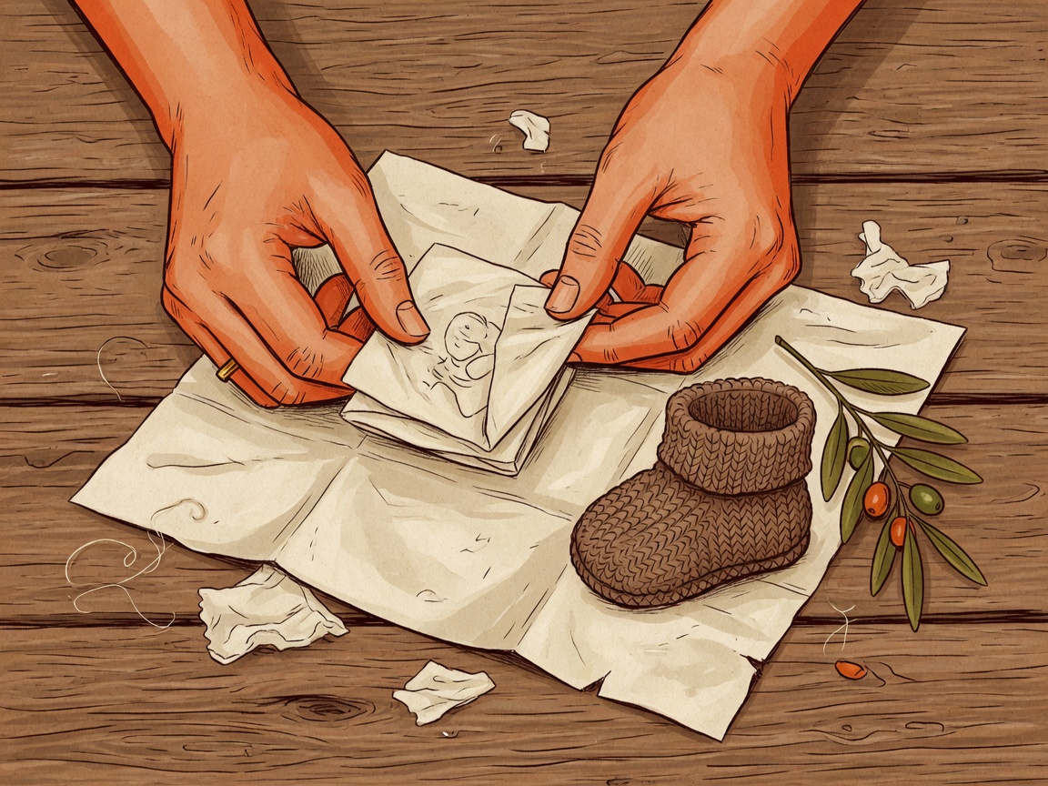Hands wrapping a small drawing beside a knitted baby bootie