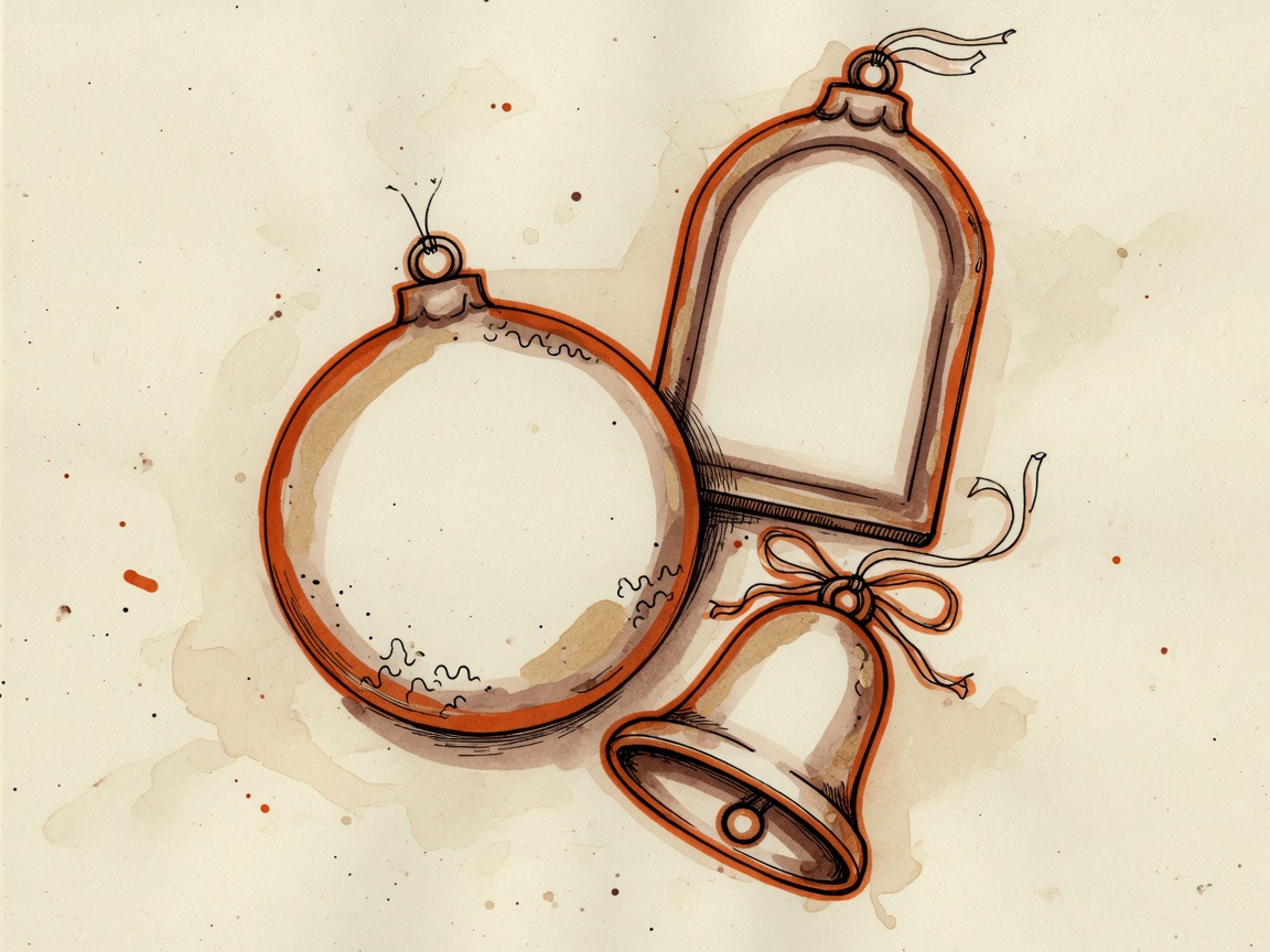Three blank custom ornaments: a round bauble, an arched frame, and a bell