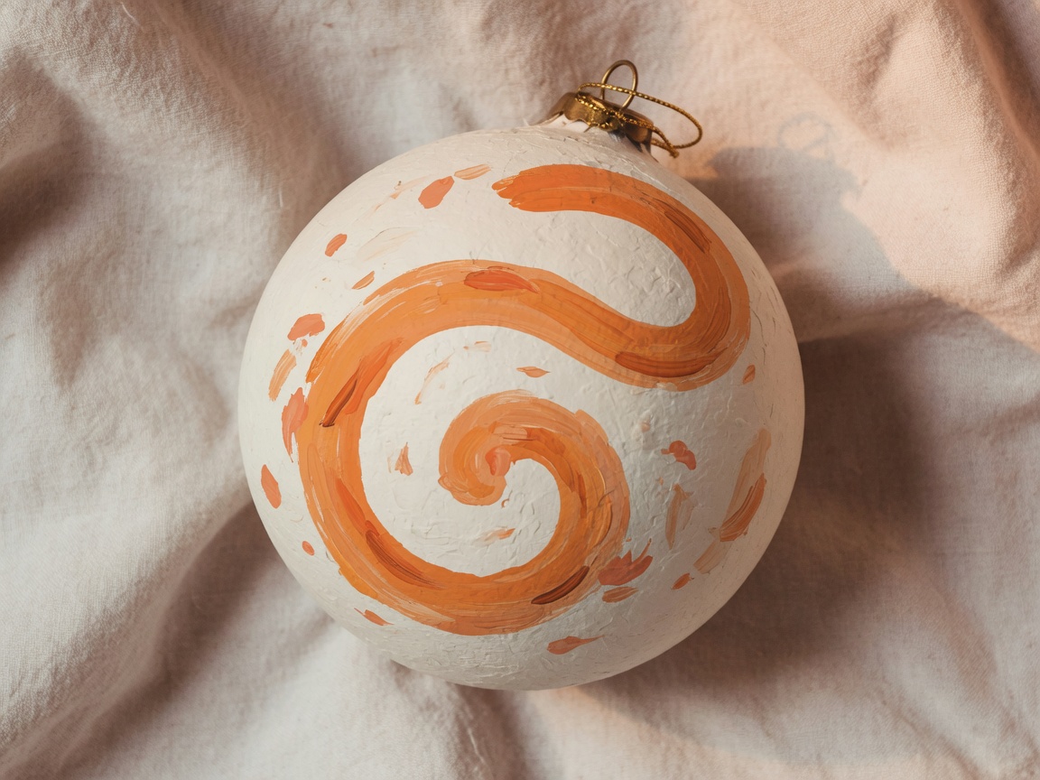 A round custom ornament with a hand-painted orange swirl on linen