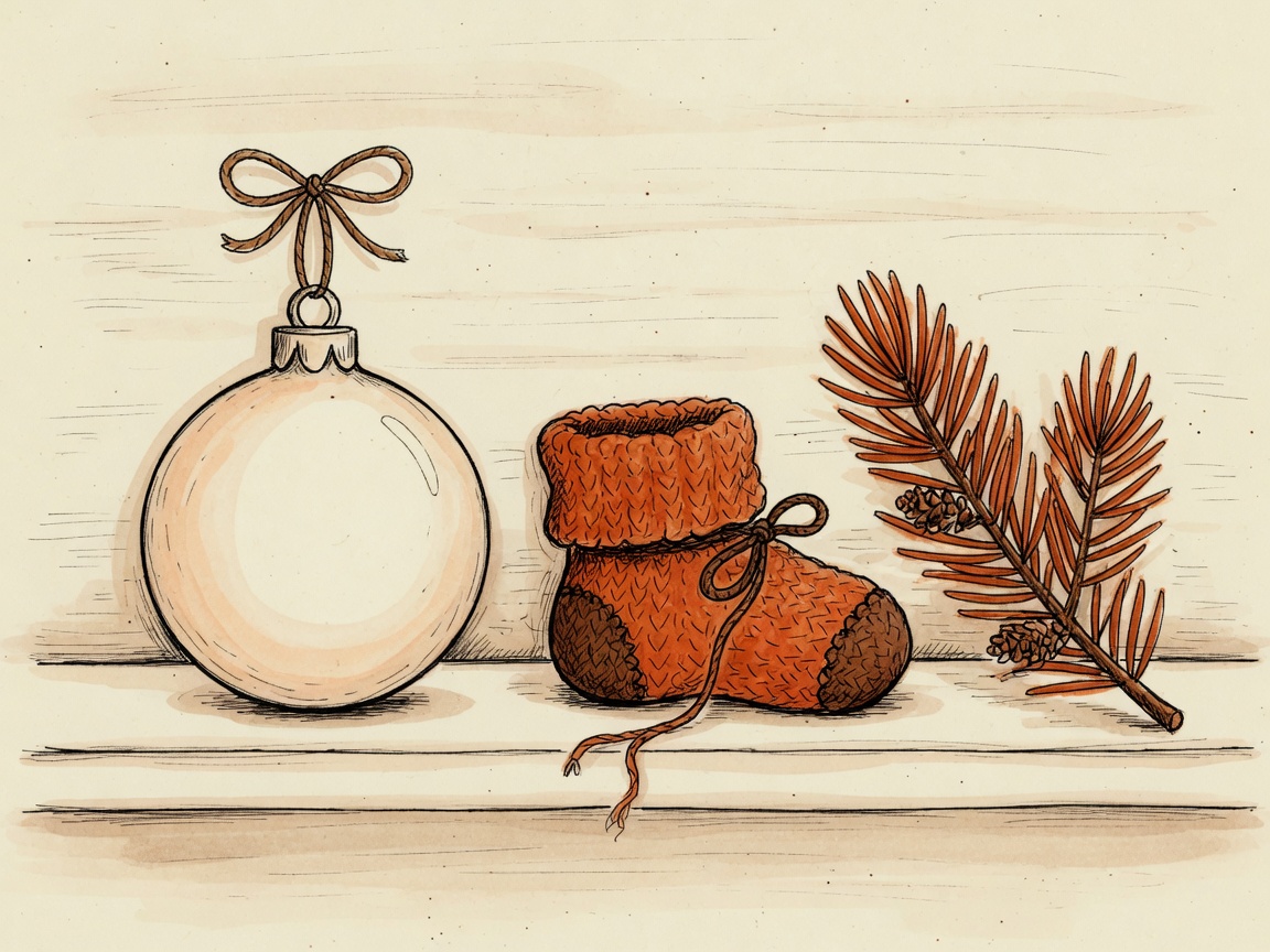 A blank first Christmas ornament beside a knitted bootie and a pine sprig