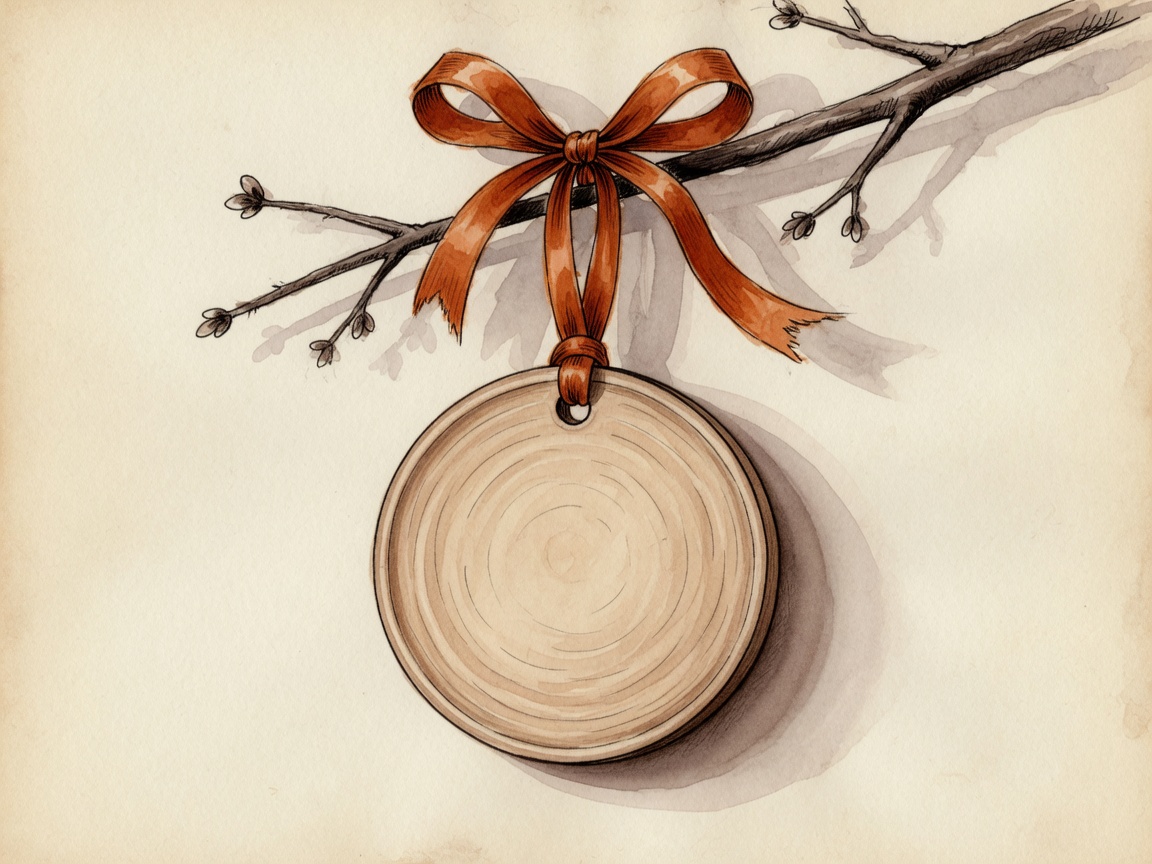 A round wooden first Christmas ornament hanging from a branch by an orange ribbon